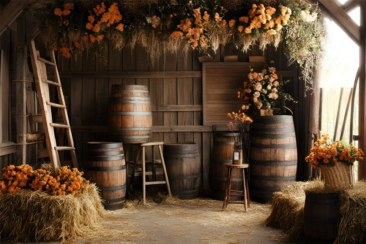 Rustic Backdrop Rustic Barn Barrels Orange Floral Arrangements Vintage Photography Background GQ58-122