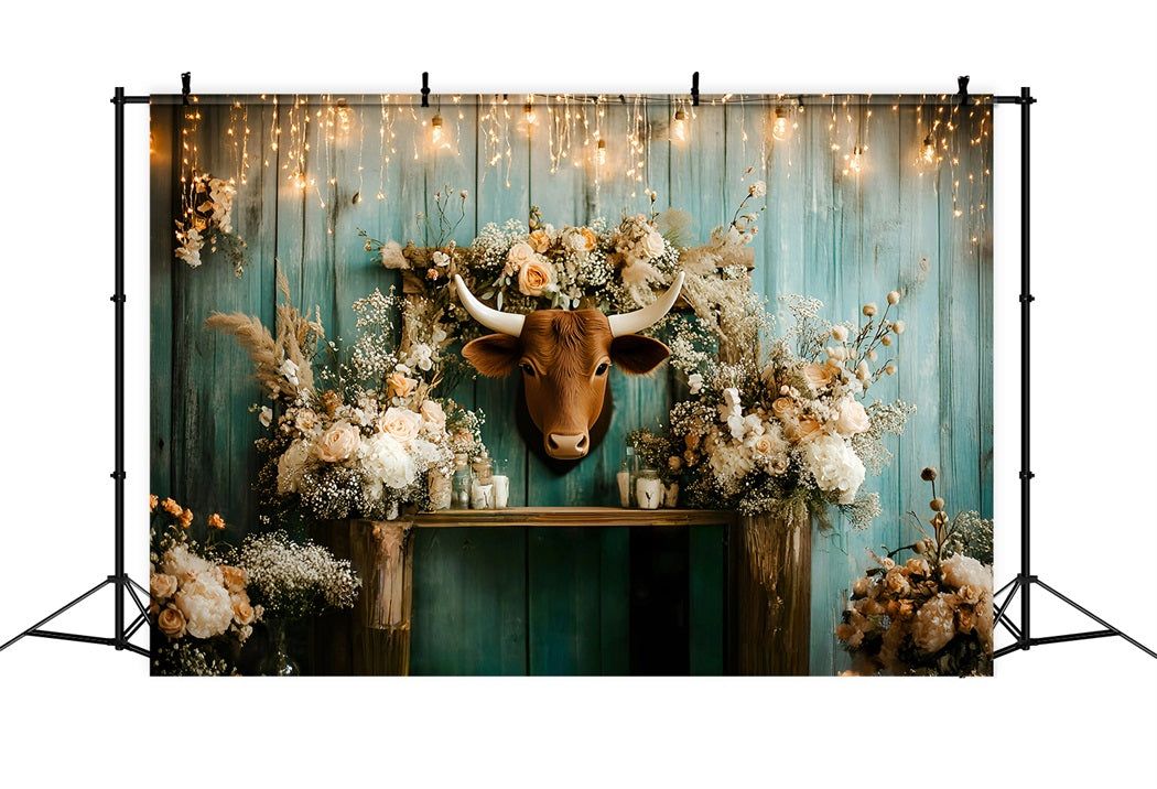 Rustic Backdrop Rustic Floral Longhorn Wall Arrangement Vintage Studio Backdrop GQ58-123