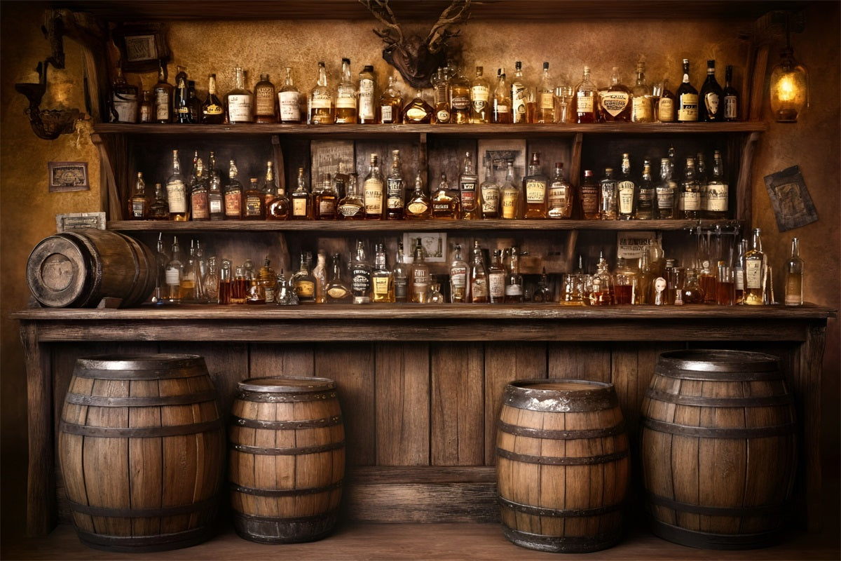 Rustic Backdrop Old Western Whiskey Barrel Bar Display Photo Backdrop Vintage GQ58-124