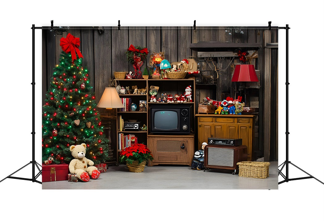 Rustic Backdrop Retro Christmas Tree with Vintage Toys Vintage Photoshoot Background GQ58-125