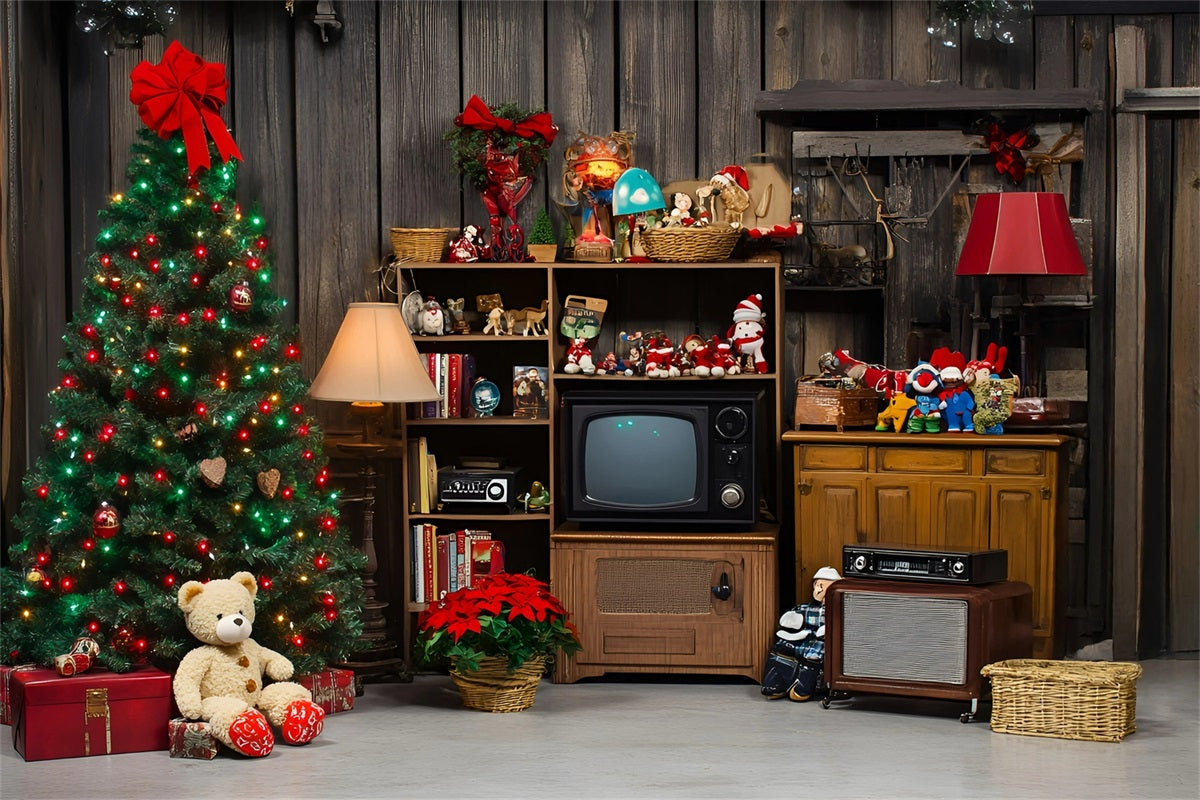 Rustic Backdrop Retro Christmas Tree with Vintage Toys Vintage Photoshoot Background GQ58-125
