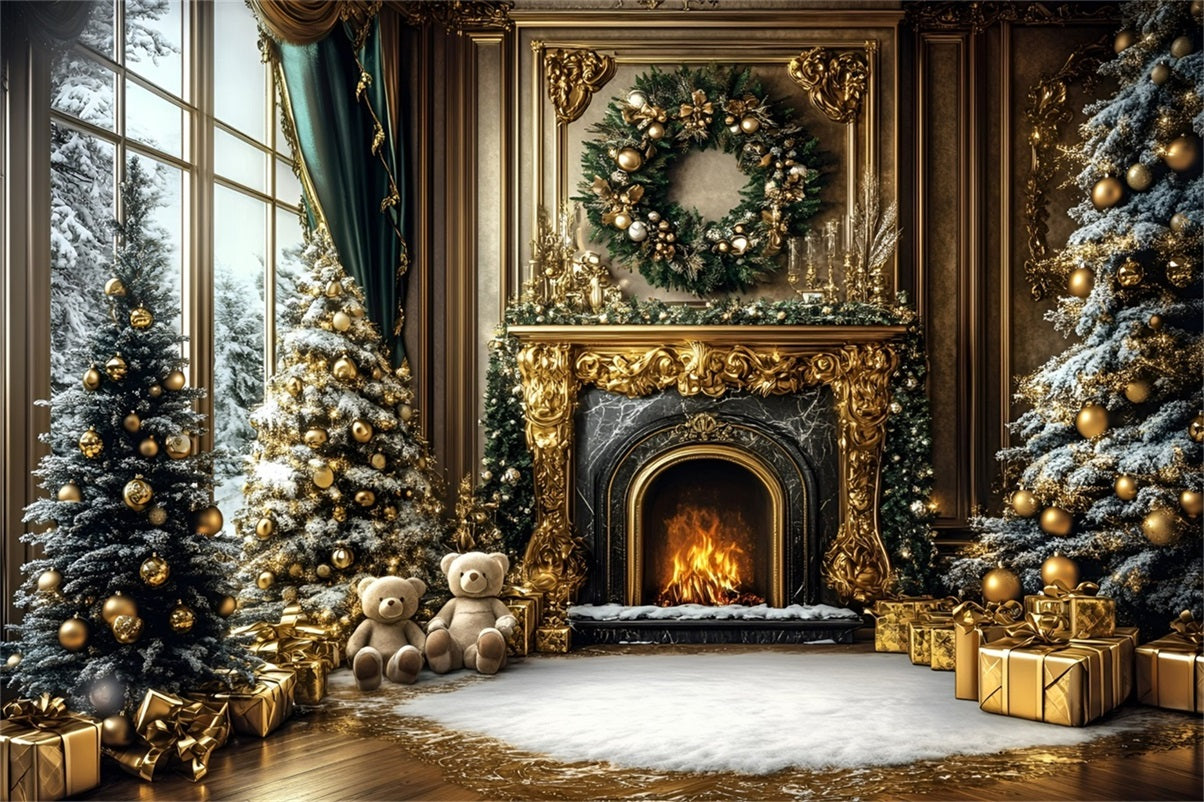 Christmas Fireplace Backdrop Luxury Gold Wall Bear Fireplace Christmas Backdrop for Photos GQ58-17