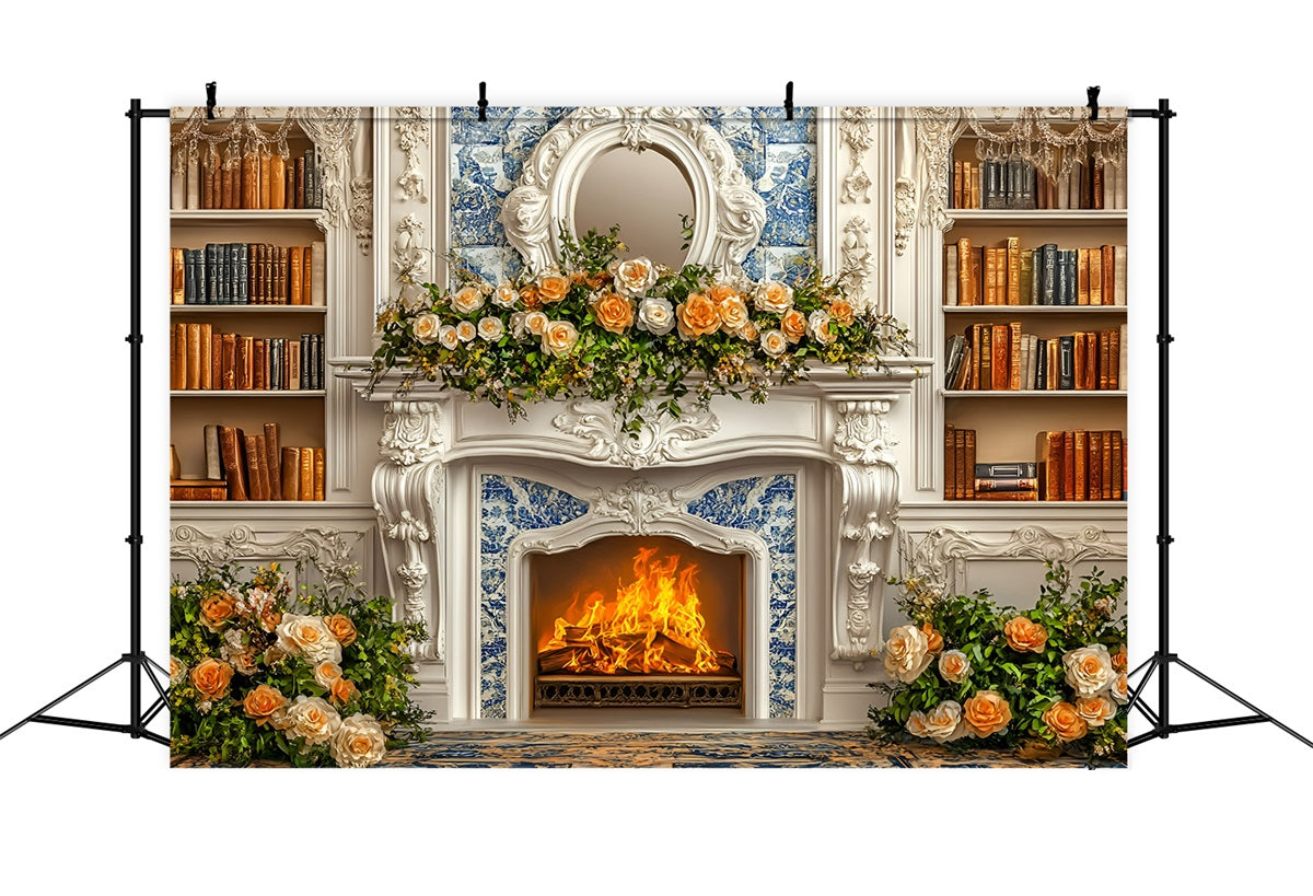 Christmas Fireplace Backdrop Romantic Champagne Rose Bookshelf Wall Christmas Backdrop for Photos GQ58-18