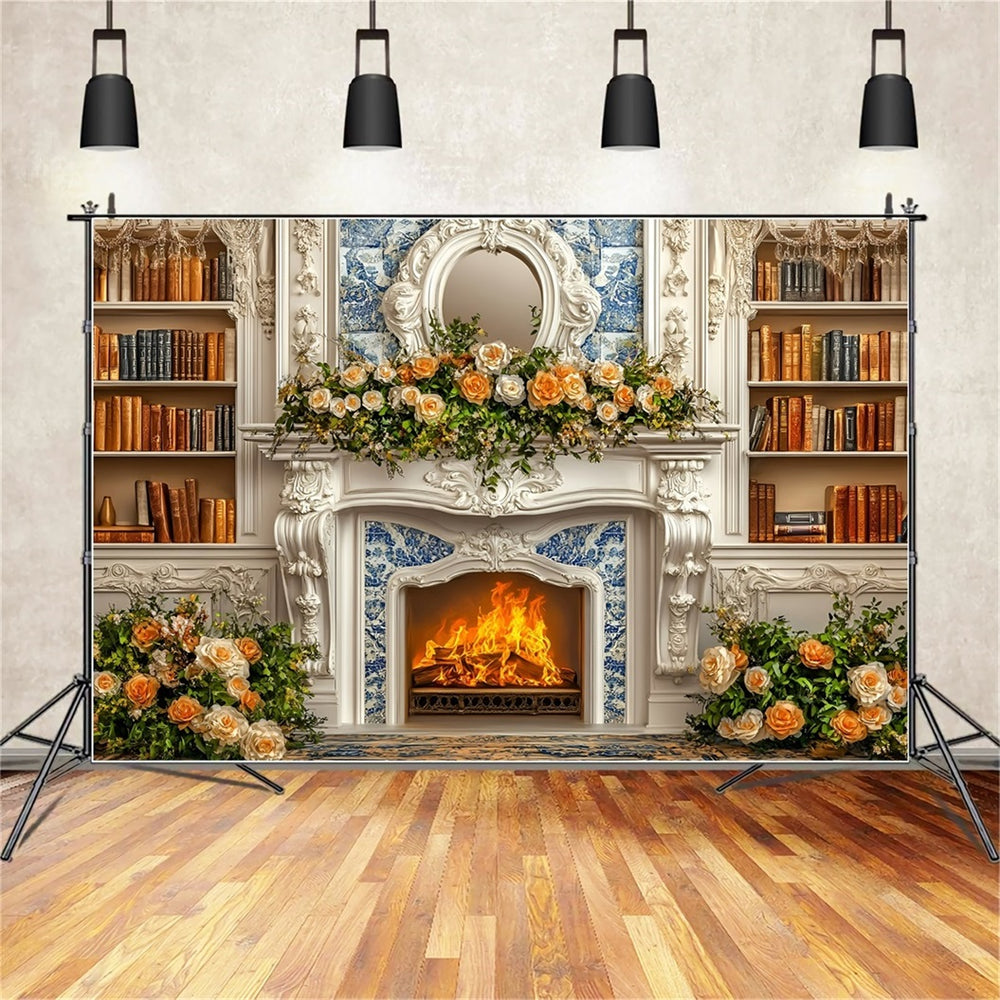 Christmas Fireplace Backdrop Romantic Champagne Rose Bookshelf Wall Ch