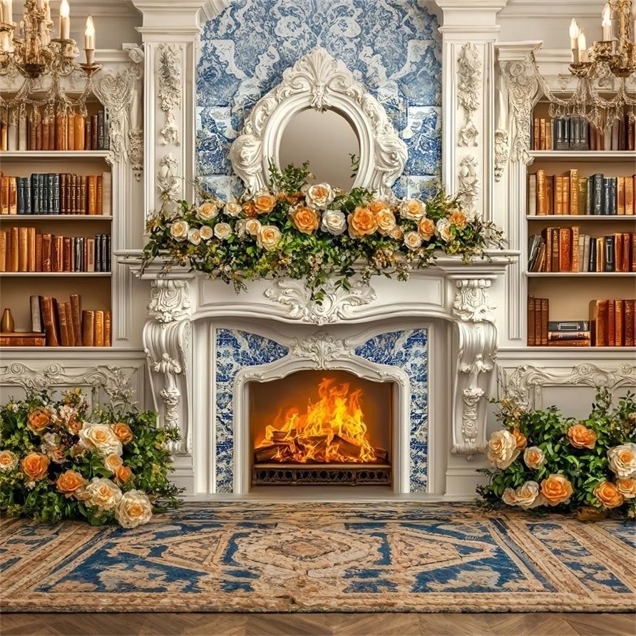 Christmas Fireplace Backdrop Romantic Champagne Rose Bookshelf Wall Christmas Backdrop for Photos GQ58-18