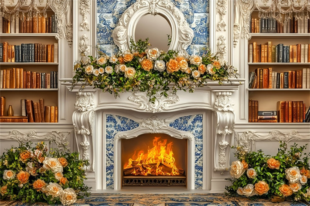 Christmas Fireplace Backdrop Romantic Champagne Rose Bookshelf Wall Christmas Backdrop for Photos GQ58-18