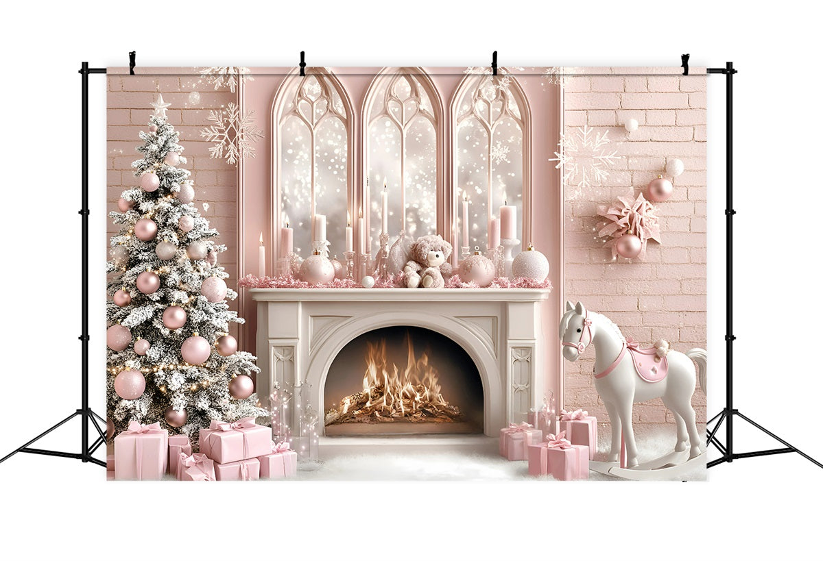 Christmas Fireplace Backdrop Horse Toy Child's Dream Princess Style Pink Christmas Backdrop GQ58-20