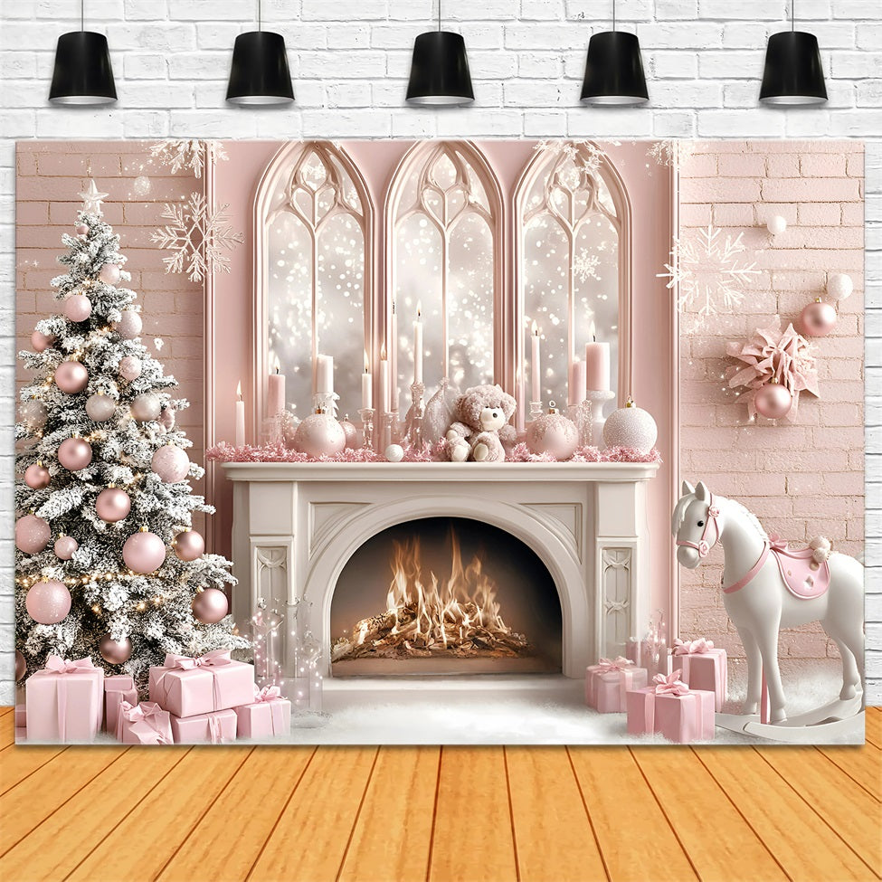 Christmas Fireplace Backdrop Horse Toy Child's Dream Princess Style Pink Christmas Backdrop GQ58-20