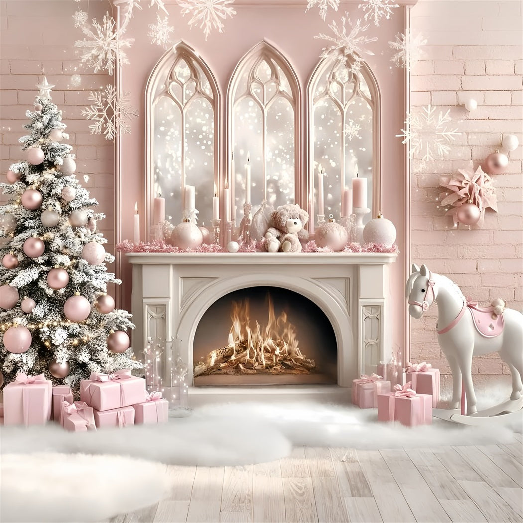 Christmas Fireplace Backdrop Horse Toy Child's Dream Princess Style Pink Christmas Backdrop GQ58-20
