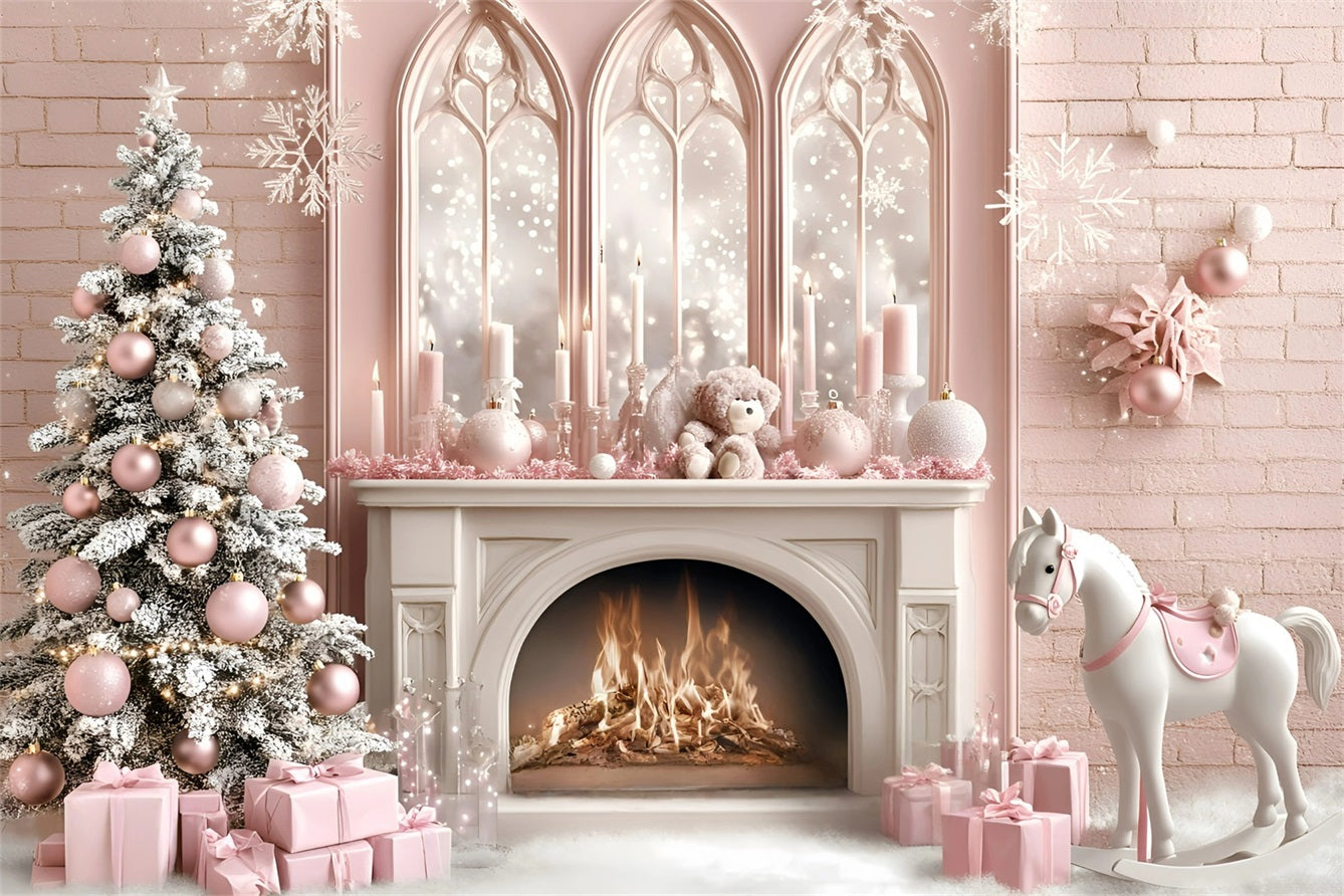 Christmas Fireplace Backdrop Horse Toy Child's Dream Princess Style Pink Christmas Backdrop GQ58-20