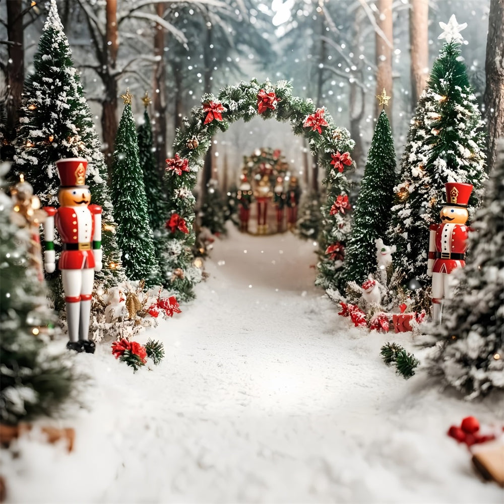 Nutcracker Backdrop Red Velvet Bow Cedar Grove Christmas Tree Backdrop