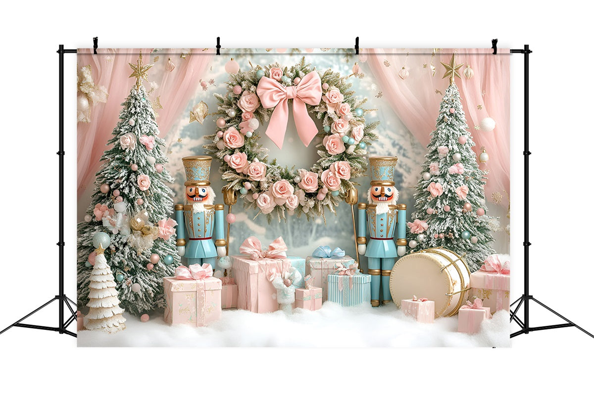 Nutcracker Backdrop Sweet Pink Rose Bow Wreath Pink Christmas Backdrop GQ58-22