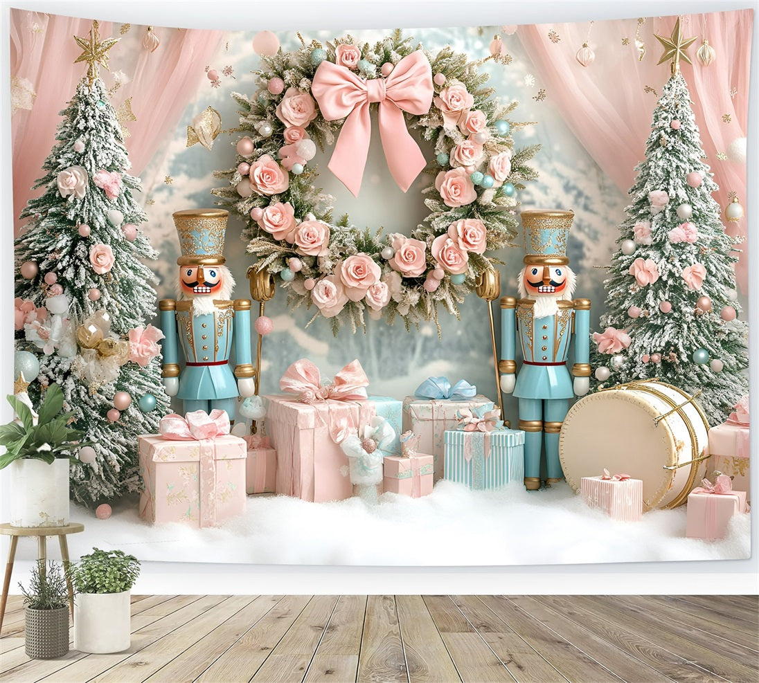 Nutcracker Backdrop Sweet Pink Rose Bow Wreath Pink Christmas Backdrop GQ58-22
