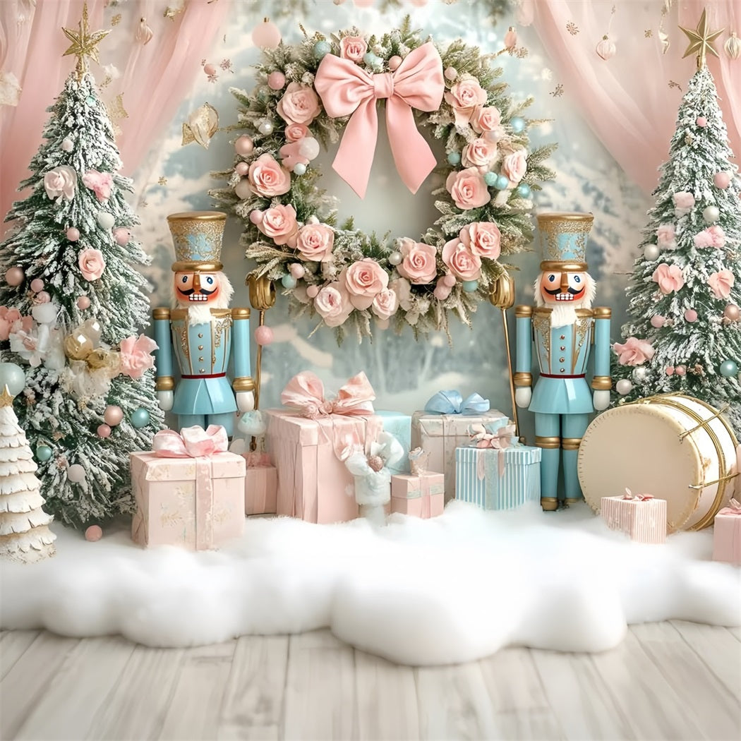 Nutcracker Backdrop Sweet Pink Rose Bow Wreath Pink Christmas Backdrop GQ58-22