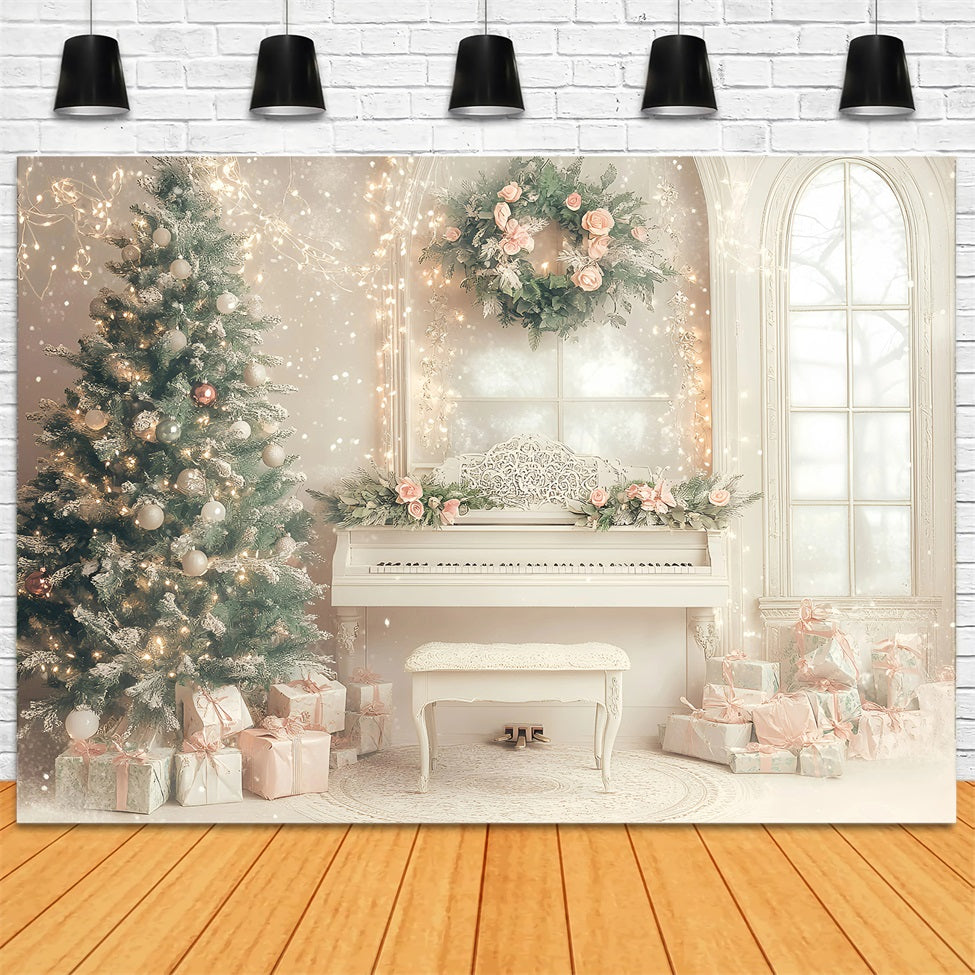 High Resolution Christmas Backdrop Elegant Piano Room Holiday Pink Christmas Backdrop GQ58-26
