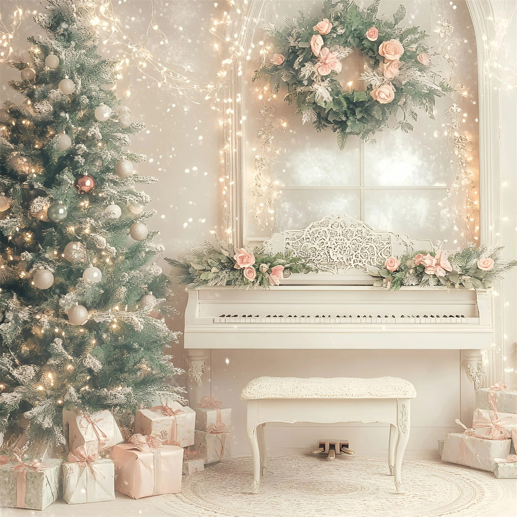 High Resolution Christmas Backdrop Elegant Piano Room Holiday Pink Christmas Backdrop GQ58-26