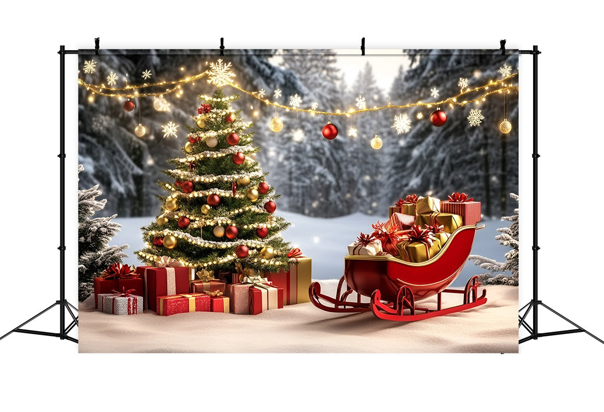 High Resolution Christmas Backdrop Red Sleigh and Golden Gifts Christmas Tree Backdrop GQ58-27