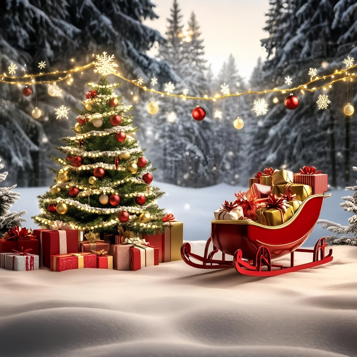 High Resolution Christmas Backdrop Red Sleigh and Golden Gifts Christmas Tree Backdrop GQ58-27