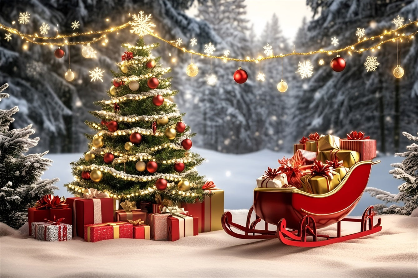 High Resolution Christmas Backdrop Red Sleigh and Golden Gifts Christmas Tree Backdrop GQ58-27