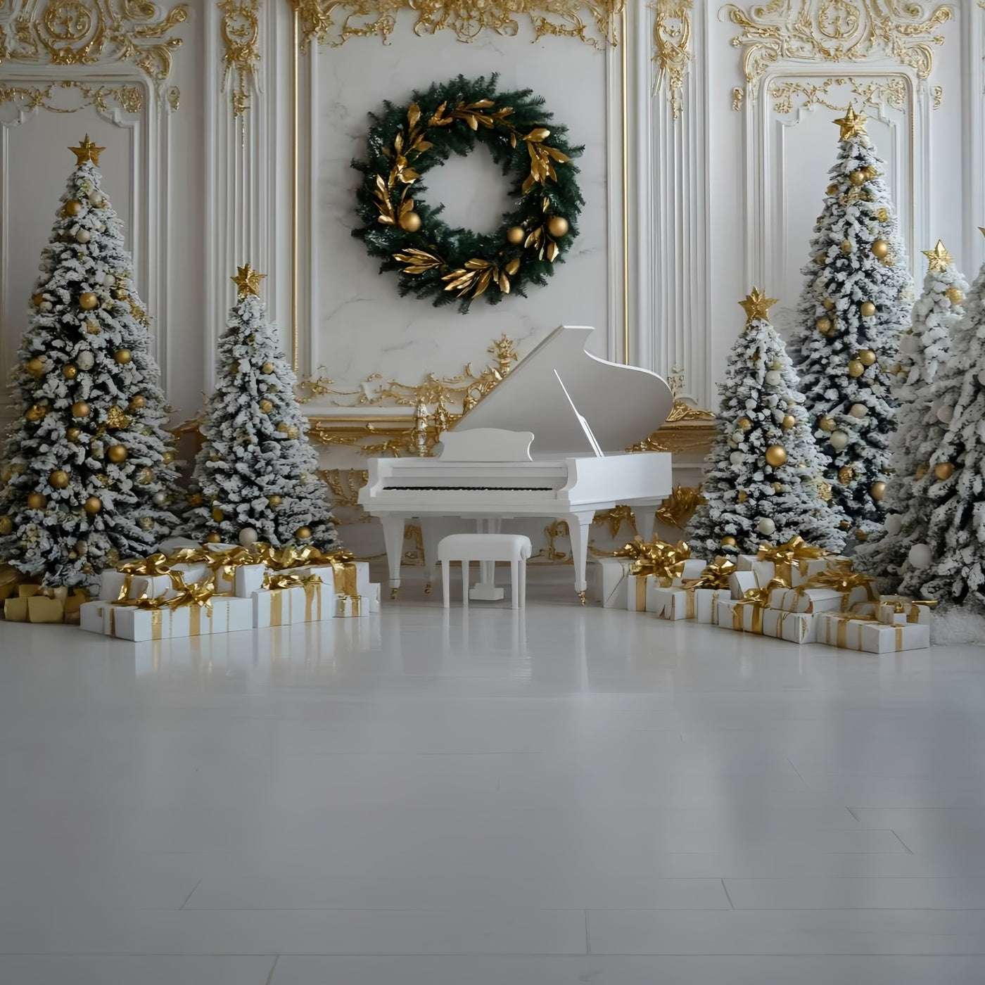 High Resolution Christmas Backdrop White Piano Gold Ornament Decor Christmas Photo Backdrops GQ58-28