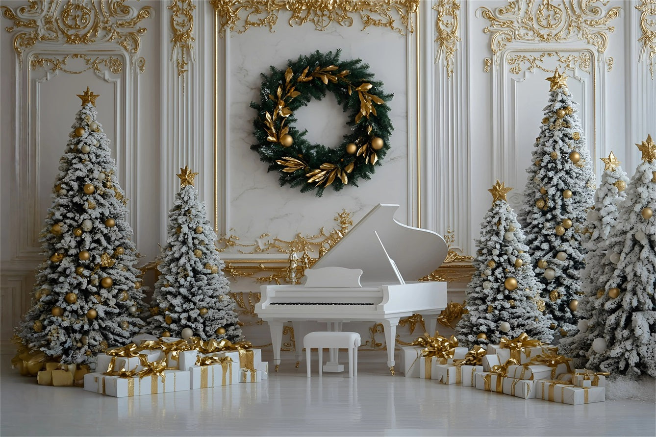 High Resolution Christmas Backdrop White Piano Gold Ornament Decor Christmas Photo Backdrops GQ58-28