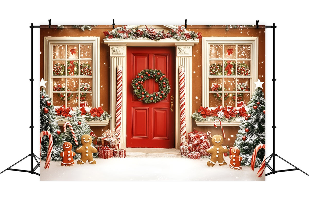 Gingerbread Backdrop Candy Cane Gingerbread Front Door Christmas Backdrops Sale GQ58-31