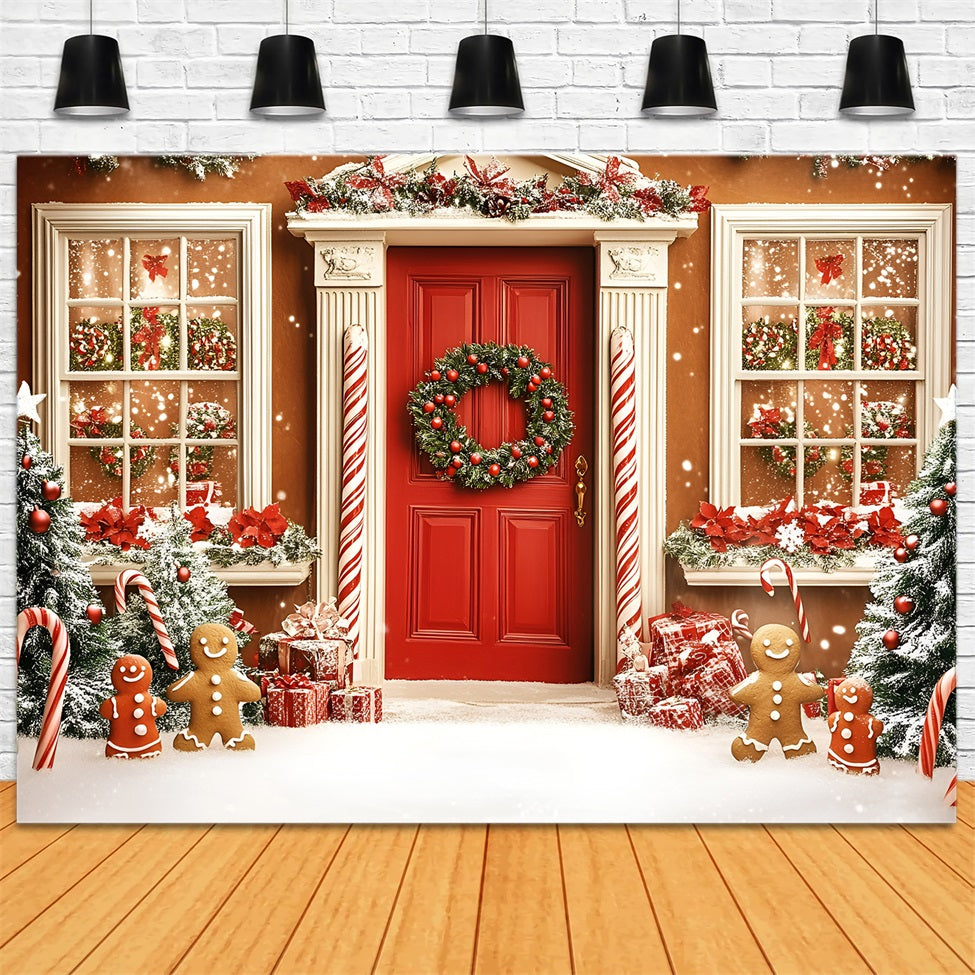 Gingerbread Backdrop Candy Cane Gingerbread Front Door Christmas Backdrops Sale GQ58-31