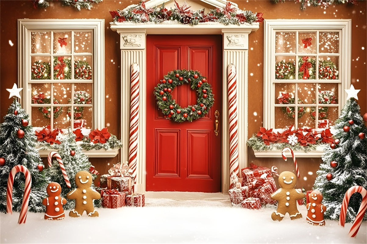Gingerbread Backdrop Candy Cane Gingerbread Front Door Christmas Backdrops Sale GQ58-31
