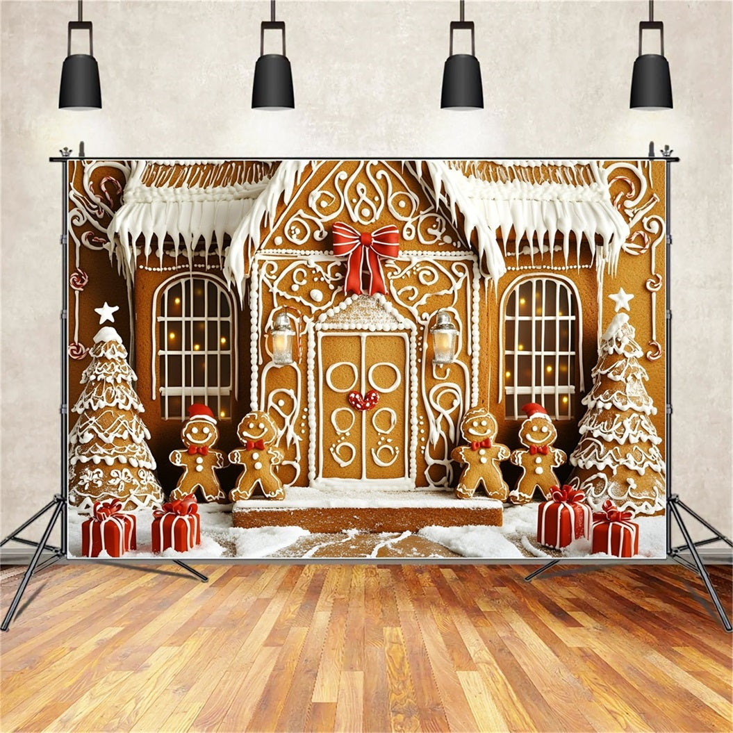 Gingerbread Backdrop Iced Cookie Mansion with Gifts Christmas Backdrops Sale GQ58-33