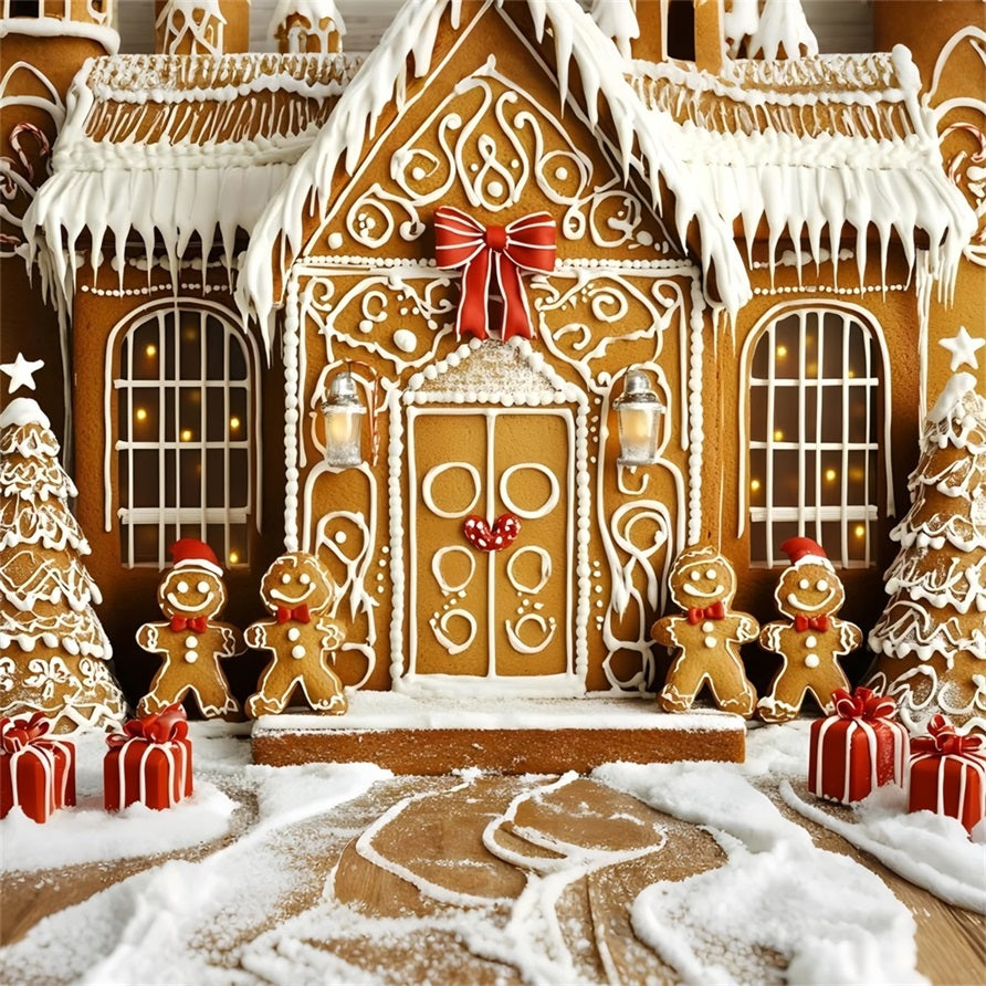 Gingerbread Backdrop Iced Cookie Mansion with Gifts Christmas Backdrops Sale GQ58-33