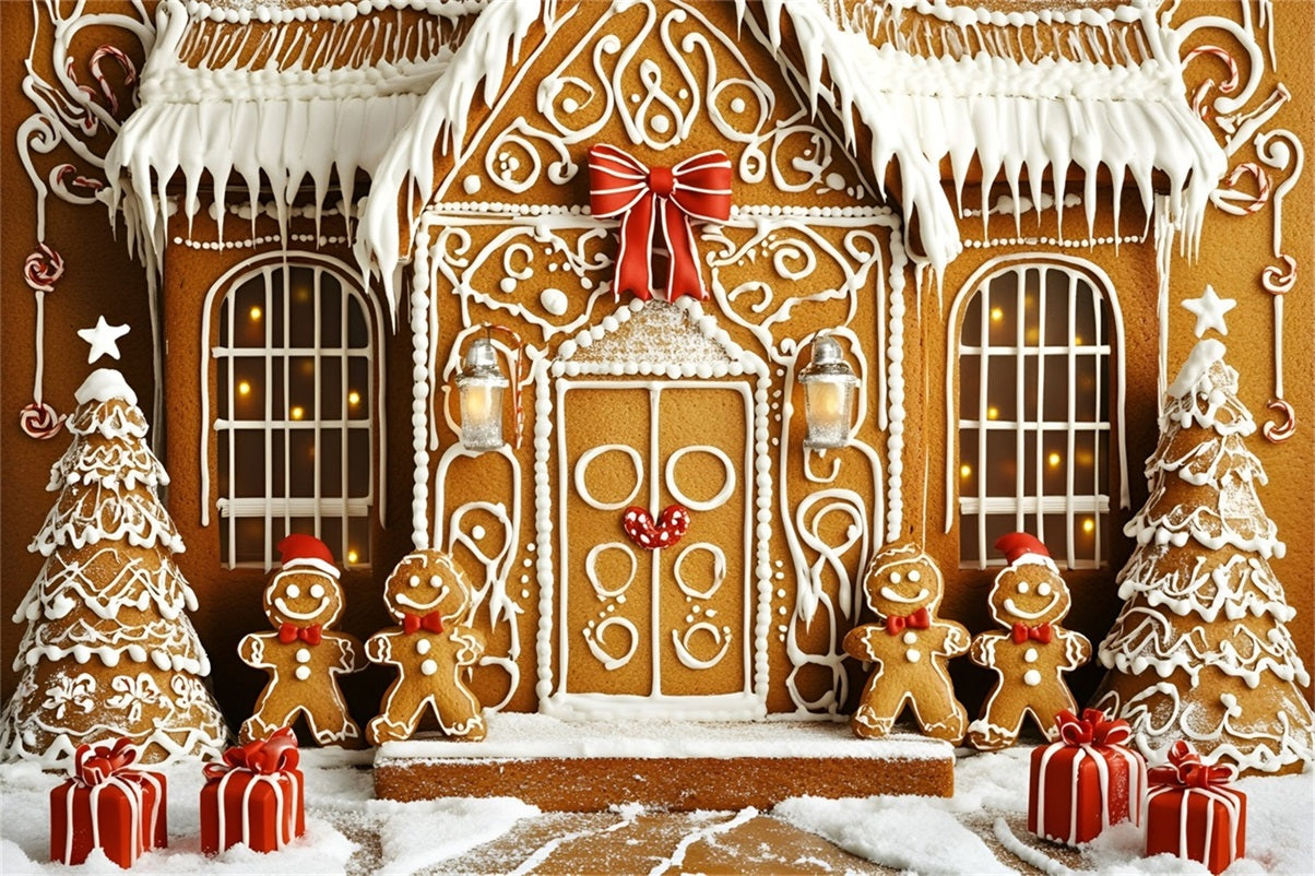Gingerbread Backdrop Iced Cookie Mansion with Gifts Christmas Backdrops Sale GQ58-33