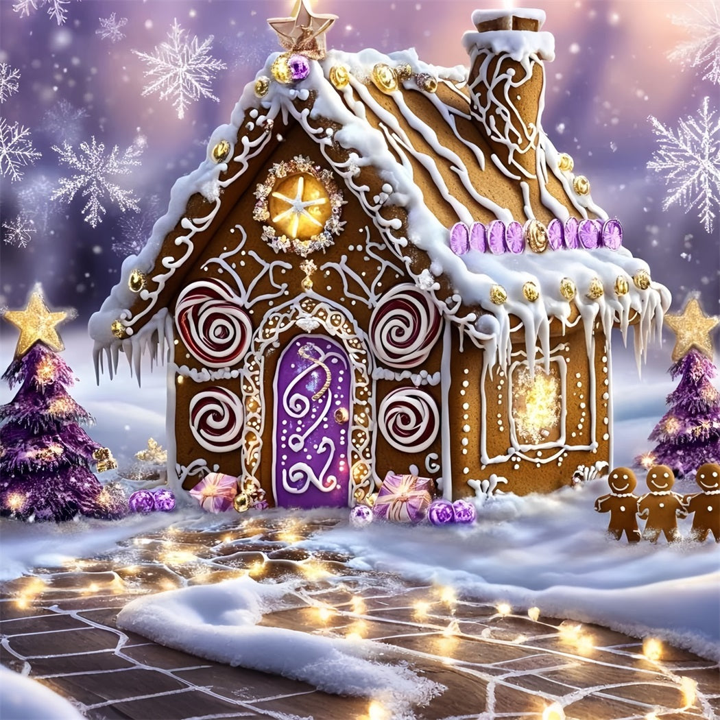 Gingerbread Backdrop Purple Swirl Candy Cottage Wonderland Christmas Backdrops 10x10 GQ58-34