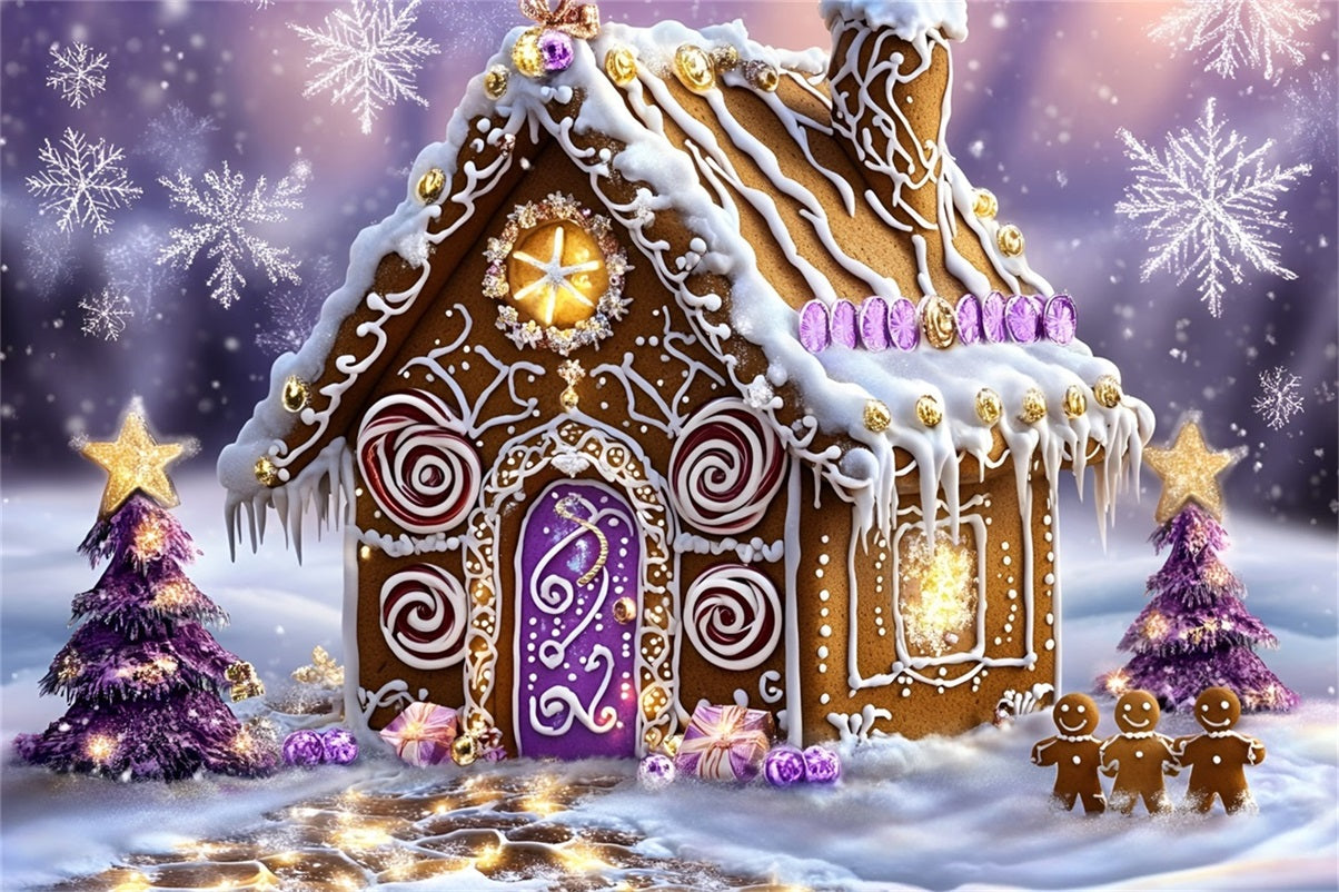 Gingerbread Backdrop Purple Swirl Candy Cottage Wonderland Christmas Backdrops 10x10 GQ58-34