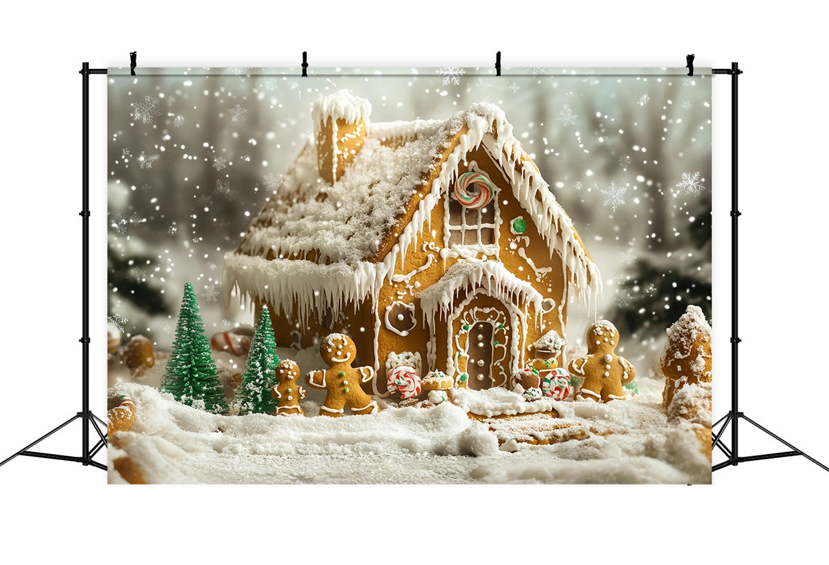 Gingerbread Backdrop Snow-Dusted Gingerbread Family House Christmas Backdrops 10x10 GQ58-35