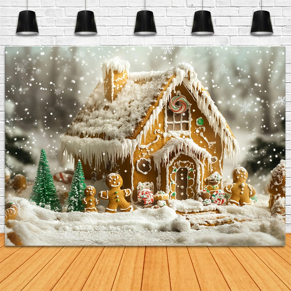 Gingerbread Backdrop Snow-Dusted Gingerbread Family House Christmas Backdrops 10x10 GQ58-35