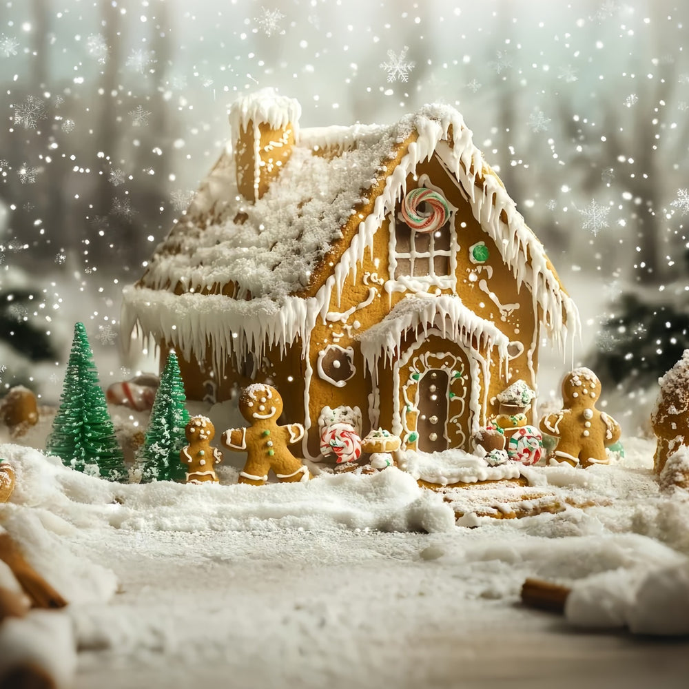 Gingerbread Backdrop Snow-Dusted Gingerbread Family House Christmas Ba