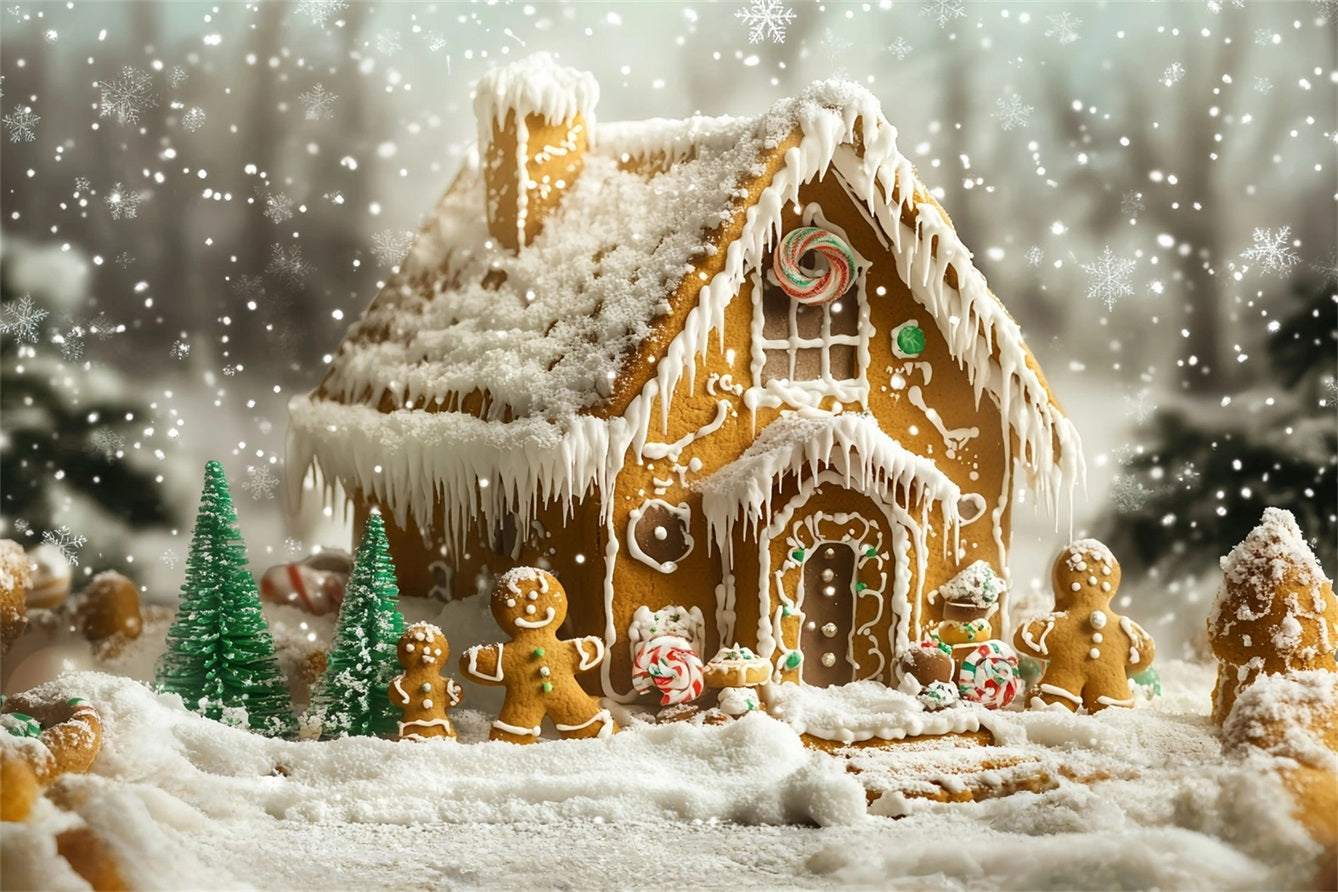 Gingerbread Backdrop Snow-Dusted Gingerbread Family House Christmas Backdrops 10x10 GQ58-35