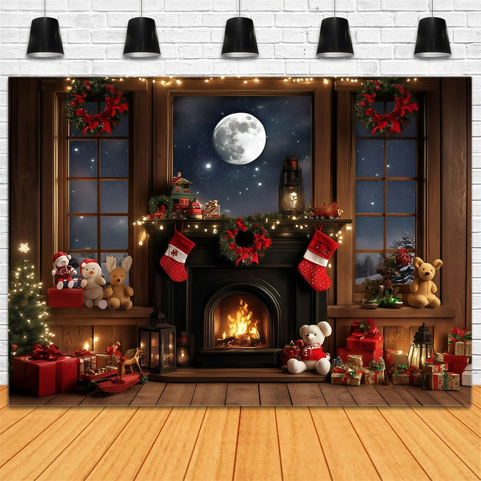 Holiday Photo Backdrop Full Moon Fireplace Cozy Christmas Christmas Backdrops 10x10 GQ58-36