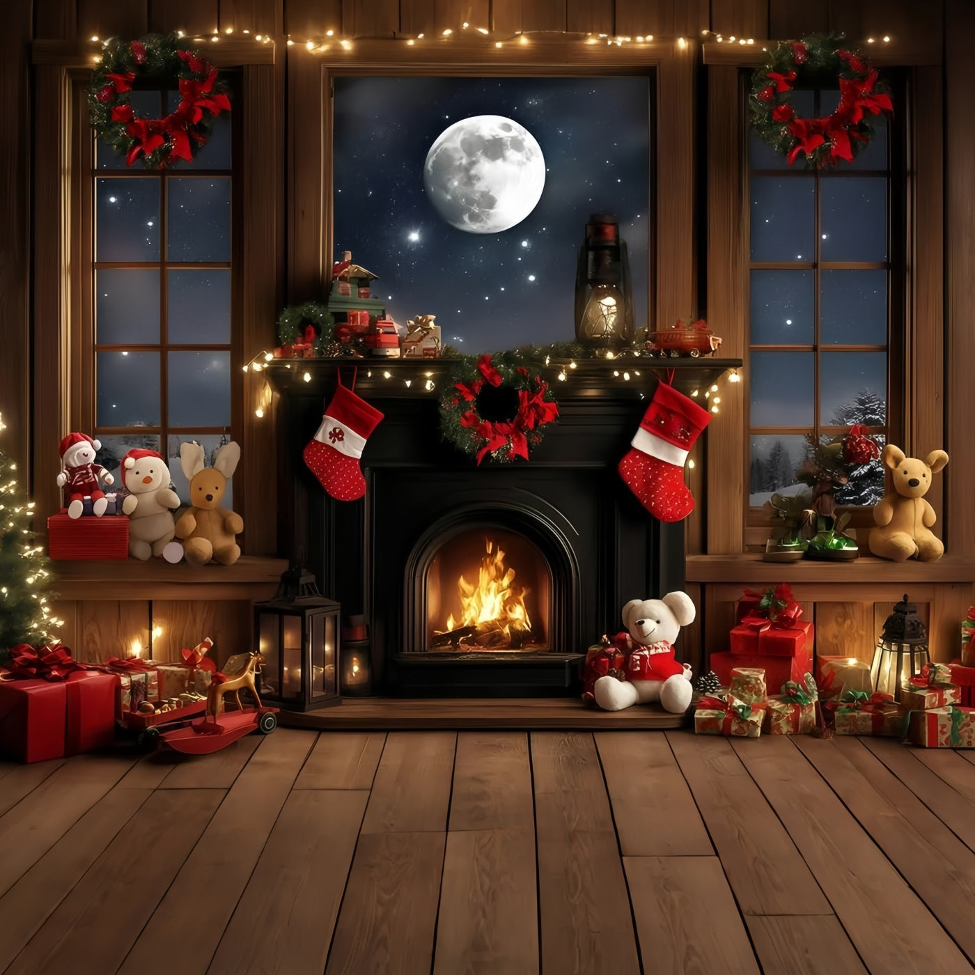 Holiday Photo Backdrop Full Moon Fireplace Cozy Christmas Christmas Backdrops 10x10 GQ58-36