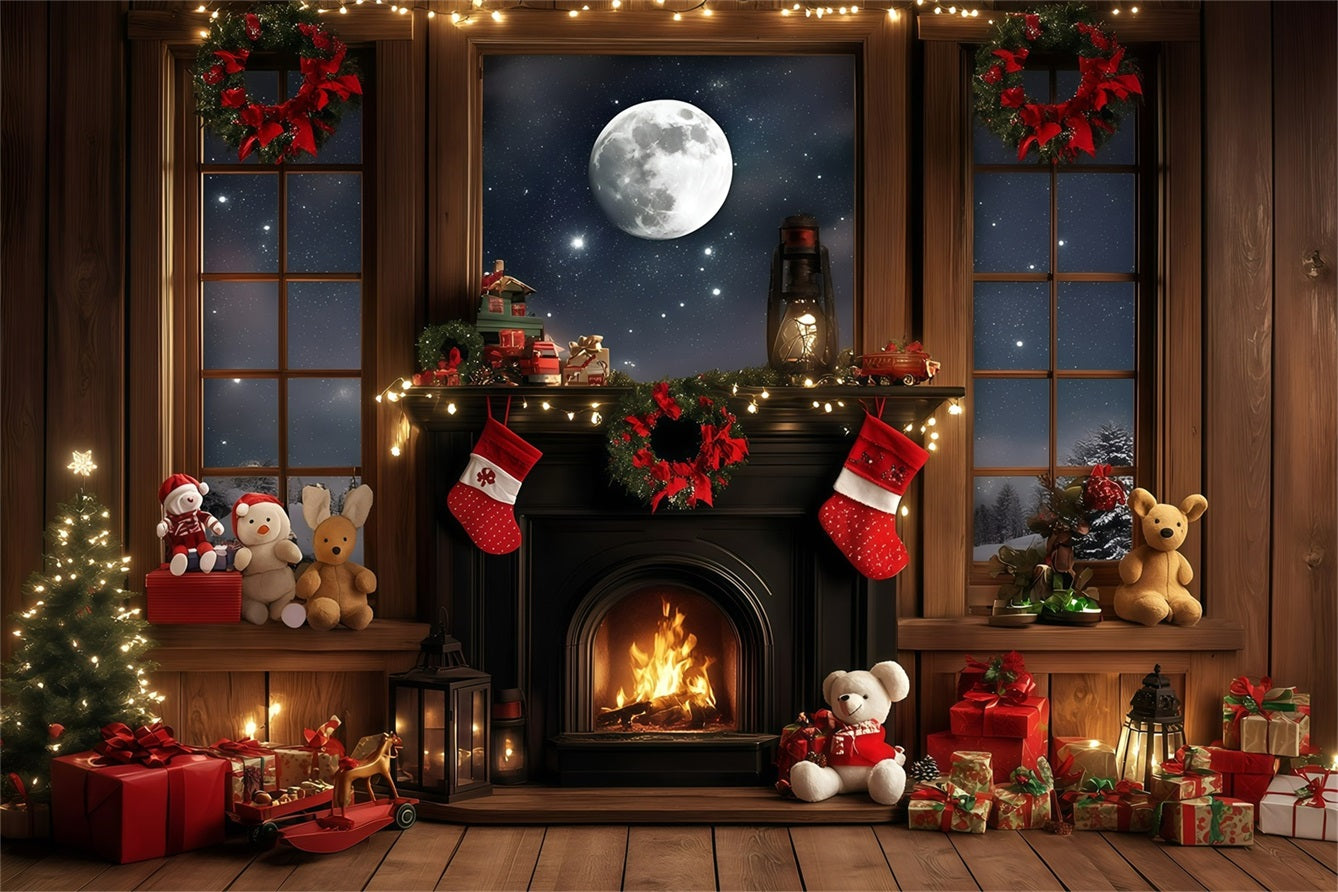 Holiday Photo Backdrop Full Moon Fireplace Cozy Christmas Christmas Backdrops 10x10 GQ58-36