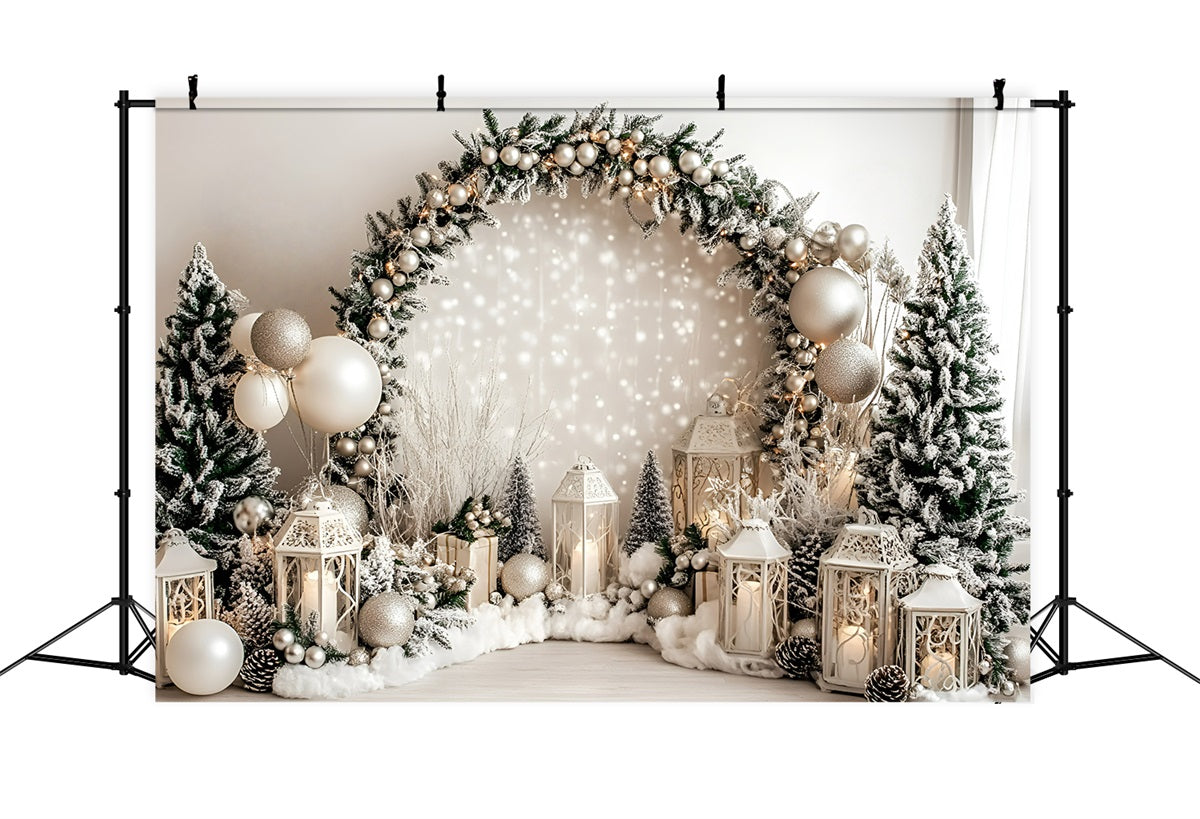 Holiday Photo Backdrop White Lantern Frosted Pine Garland Christmas Photography Backdrops GQ58-37