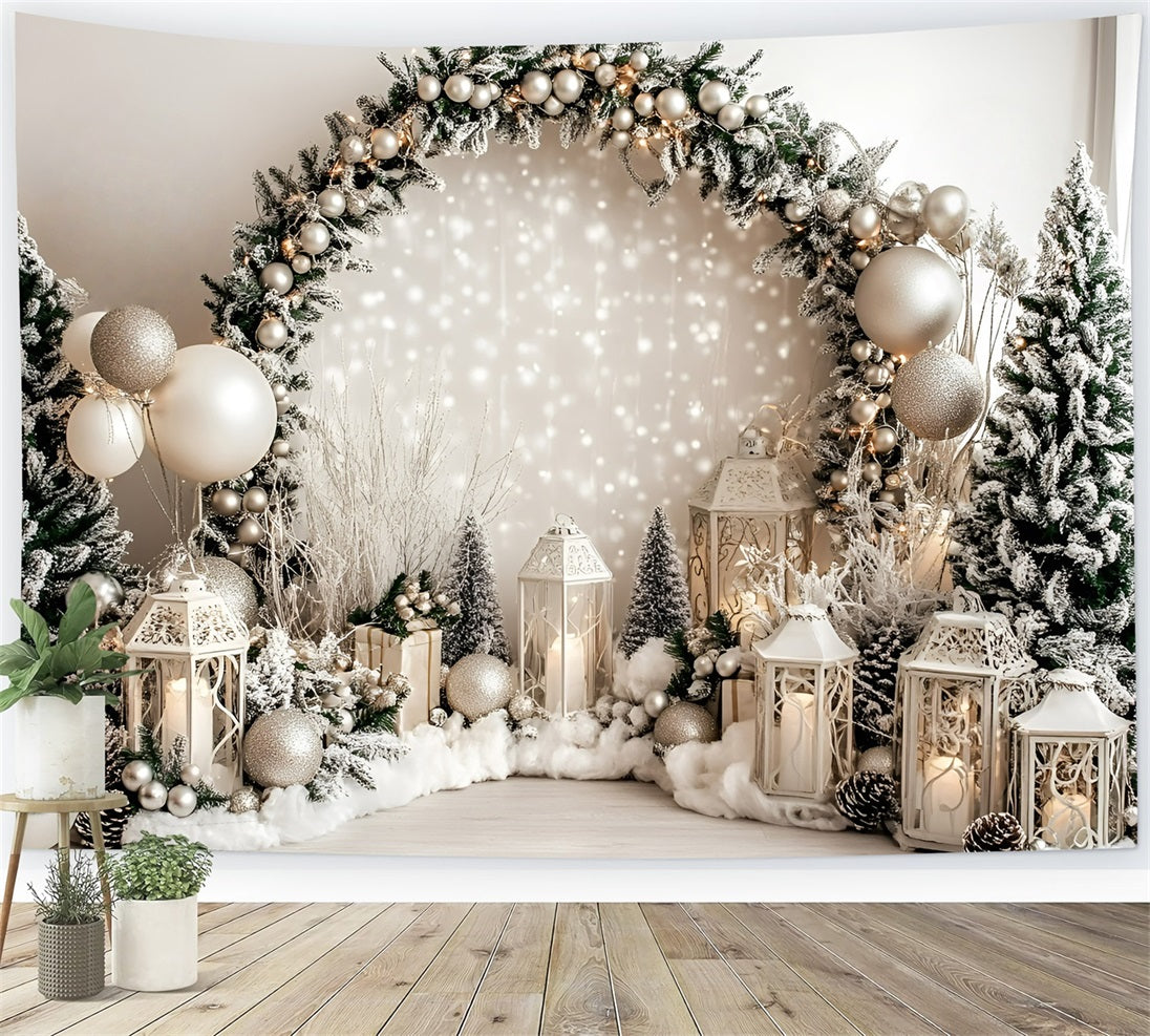 Holiday Photo Backdrop White Lantern Frosted Pine Garland Christmas Photography Backdrops GQ58-37