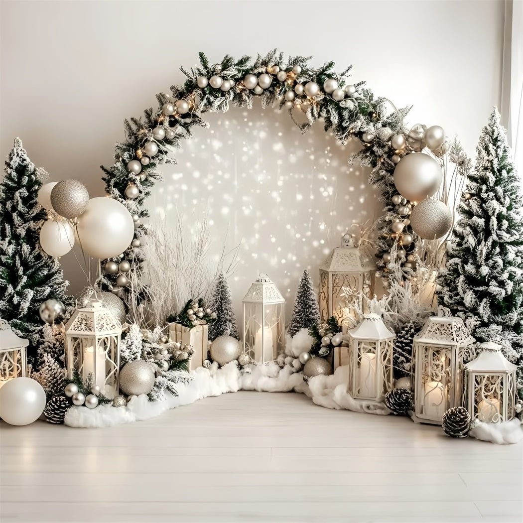 Holiday Photo Backdrop White Lantern Frosted Pine Garland Christmas Photography Backdrops GQ58-37