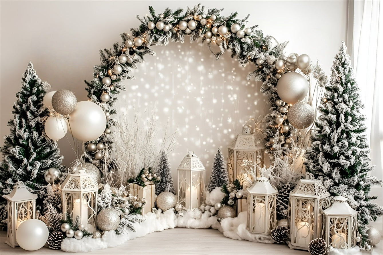 Holiday Photo Backdrop White Lantern Frosted Pine Garland Christmas Photography Backdrops GQ58-37