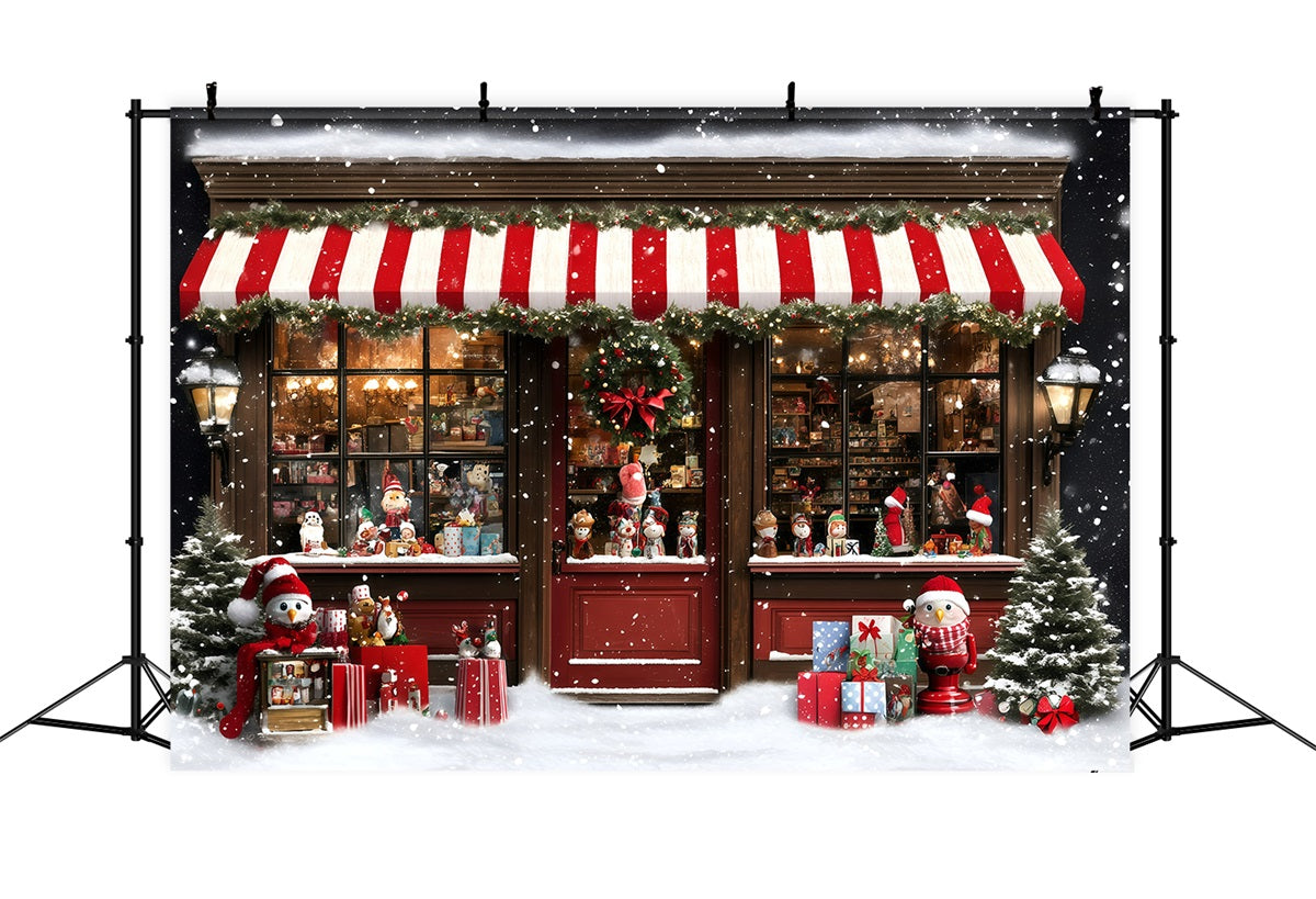 Holiday Photo Backdrop Striped Awning Snowy Toy Shop Christmas Photography Backdrops GQ58-38