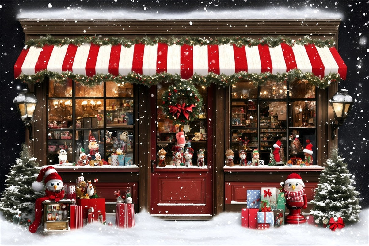 Holiday Photo Backdrop Striped Awning Snowy Toy Shop Christmas Photography Backdrops GQ58-38