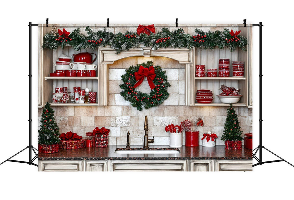 Holiday Photo Backdrop Red Dishware Holiday Kitchen Decor Christmas Kitchen Backdrop GQ58-39