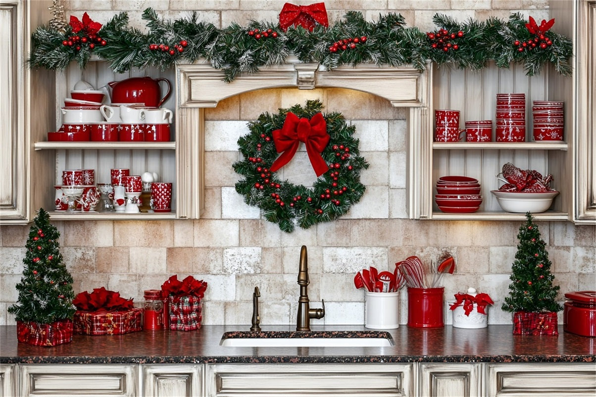 Holiday Photo Backdrop Red Dishware Holiday Kitchen Decor Christmas Kitchen Backdrop GQ58-39