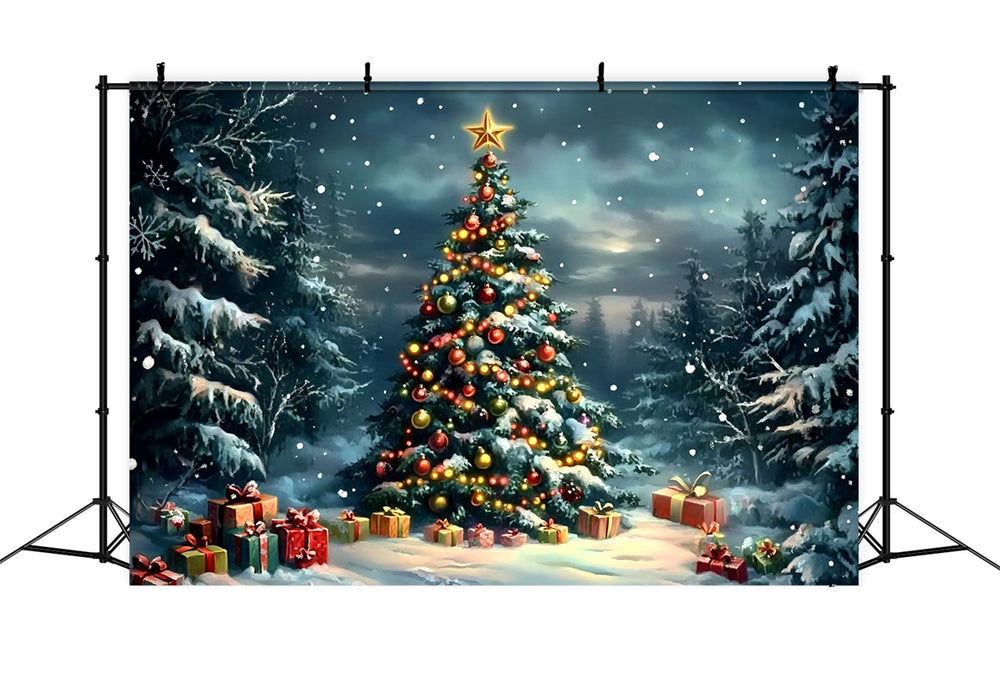 Night Sky Backdrop Snowy Pine Forest Decorated Tree Christmas Backdrop