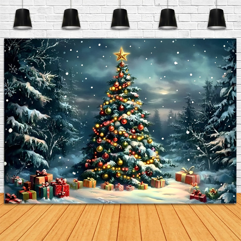 Night Sky Backdrop Snowy Pine Forest Decorated Tree Christmas Backdrops For Photos GQ58-45